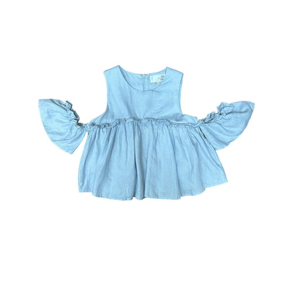 J.O.A. Los Angeles Layered Ruffle Cold Shoulder Top Chambray 100% Linen Size S - Picture 2 of 8